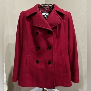 Women’s Anne Klein Burgundy Wool Blend Coat With Black Buttons, EUC!